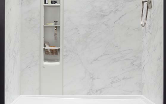 LuxStone Calcatta Crema shower walls