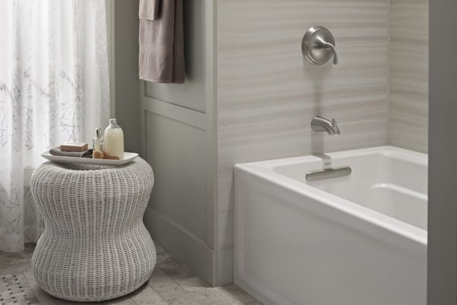 bench with tray of bath products