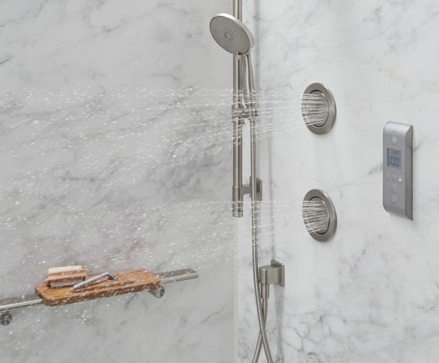 Calacatta shower walls featuring body sprays and teak tray'