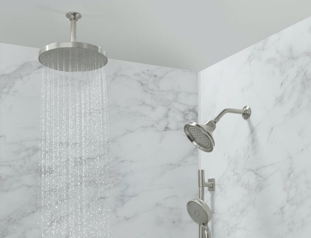 Calacatta shower walls featuring overhead rainhead