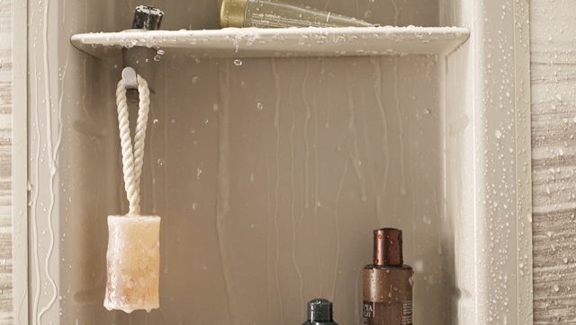water dripping from shower shelves