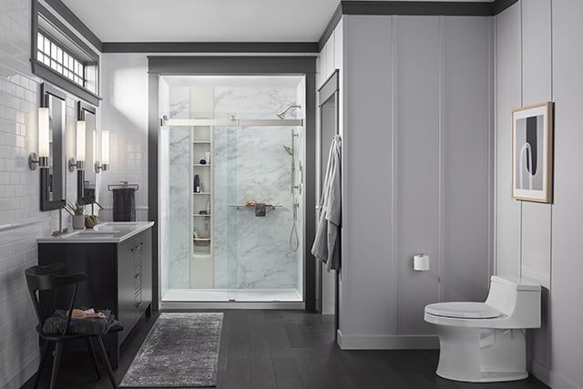 shower in grey bathroom