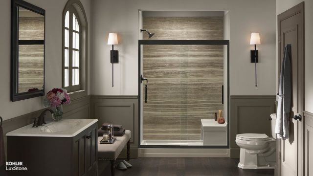 walk-in shower with VeinCut Sandbar walls'