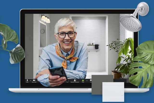 woman styling bathroom virtually'