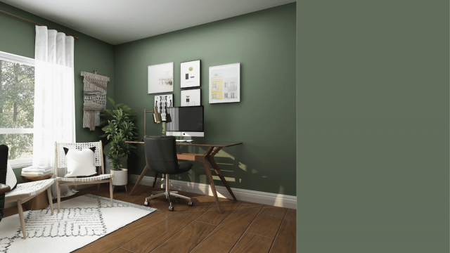 Forest green home office and Royal Orchard color swatch