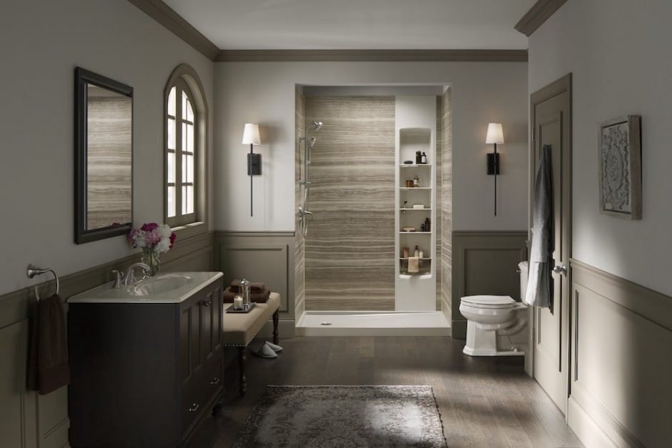 Neutral colored bathroom design with walk-in shower