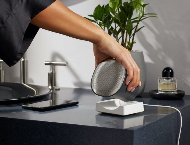 Moxie® wireless speaker on bathroom vanity