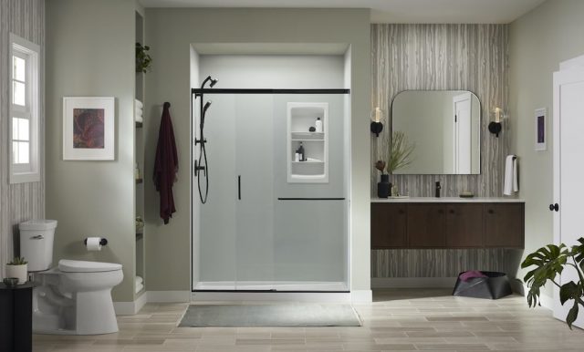 Ice Grey shower walls with Matte Black fixtures and accessories