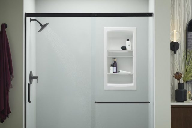 Ice Grey shower walls with Matte Black fixtures and accessories