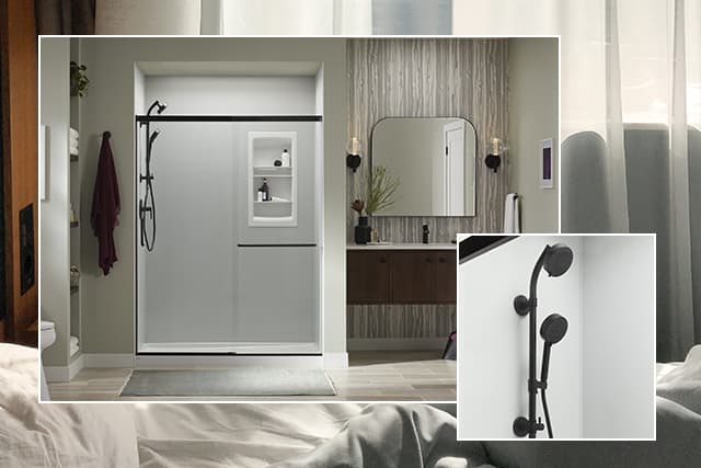 Ice Grey shower walls with Matte Black fixtures and accessories