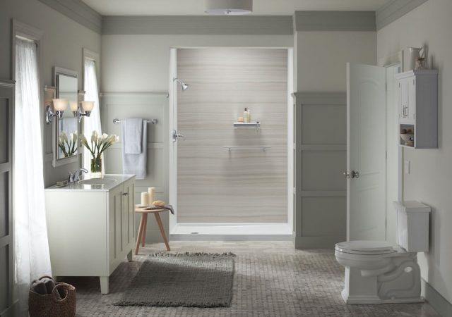 Neutral bathroom with VeinCut Dune shower walls