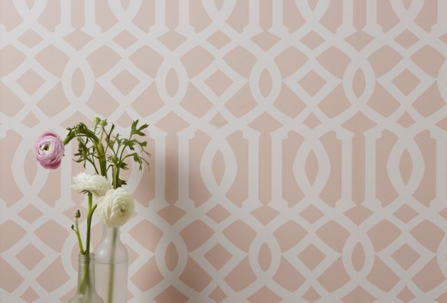 pink wallpaper with vase and flowers