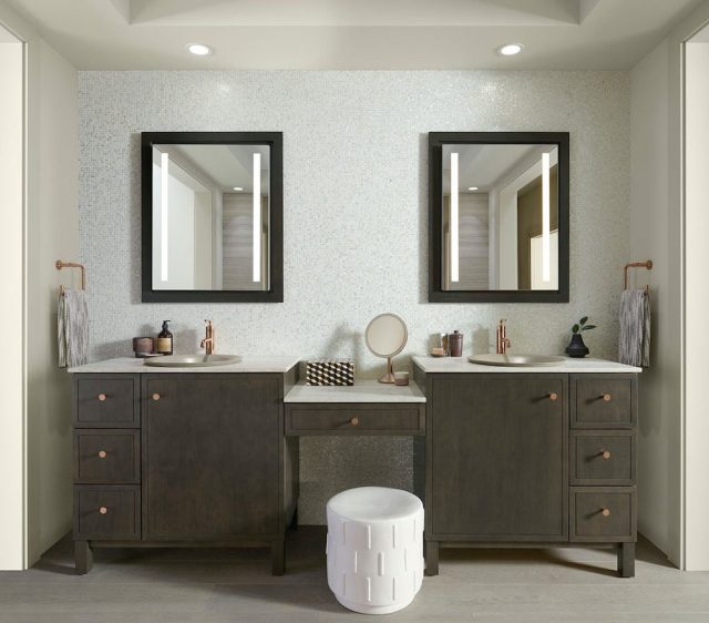 Double vanity with cabinet storage and seating