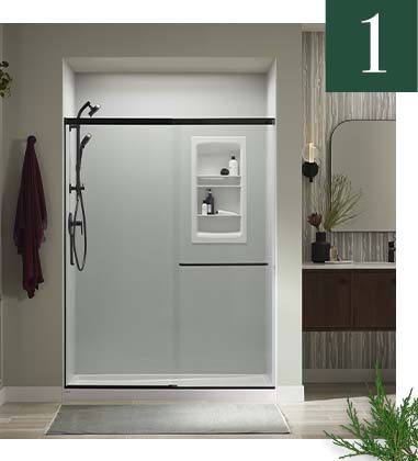 Ice™ grey shower walls with Shower Niche and Matte Black hardware.