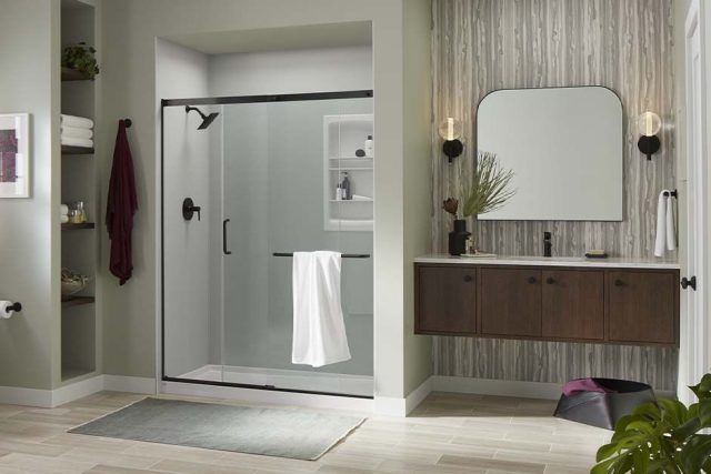 modern bathroom with matte black shower fixtures'