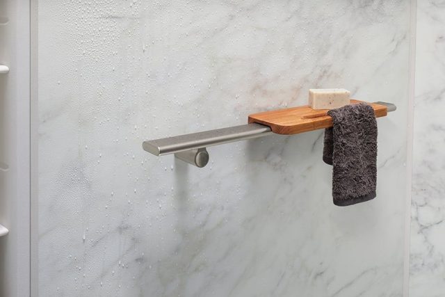 teak tray in shower