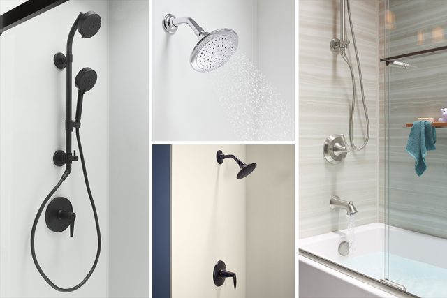 matte black and chrome shower heads and handheld showerheads'