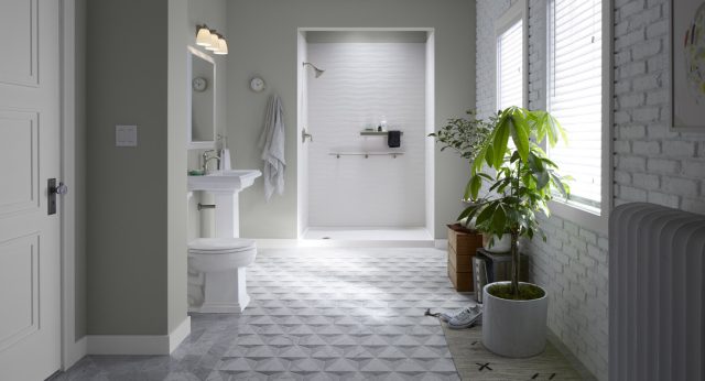 white walk-in shower with plants in the bathroom