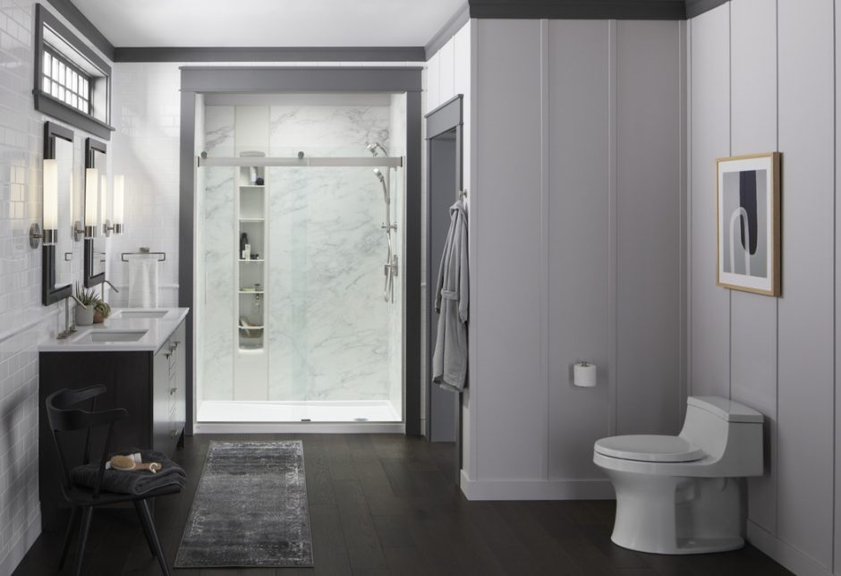 neutral grey bathroom design with a LuxStone shower