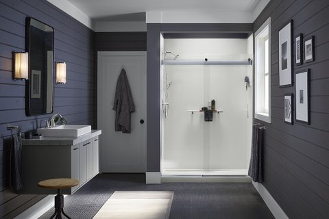 view of shower barn door style