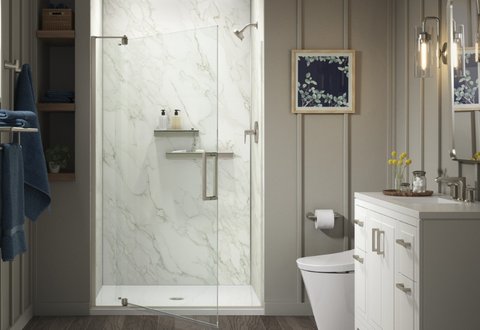 view of glass shower pivot door style