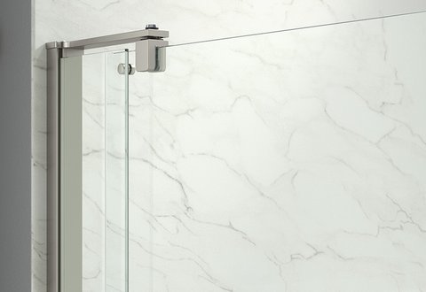 view of glass shower pivot door style