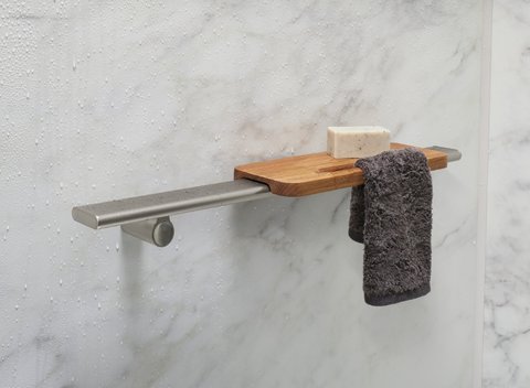 shower bar with teak tray
