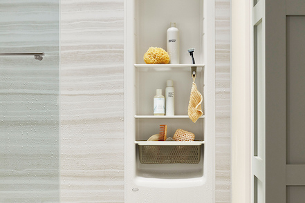 entire view of the shower locker with 4 shelves installed with products